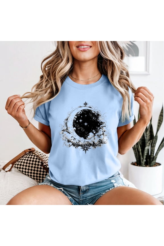Moon Stars Celestial Womens Tee Night Sky Graphic All Size S-5XL