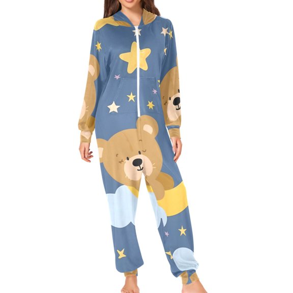 Moon Stars Clouds Bears Adult's Hoodie Onesie Jumpsuit One-Piece Pajamas with Zipper Unisex for Holiday M