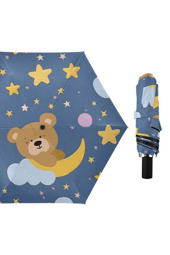 Moon Stars Clouds Bears All Weather Umbrella Triple Folding Parasol 6 Ribs UV Protection Portable