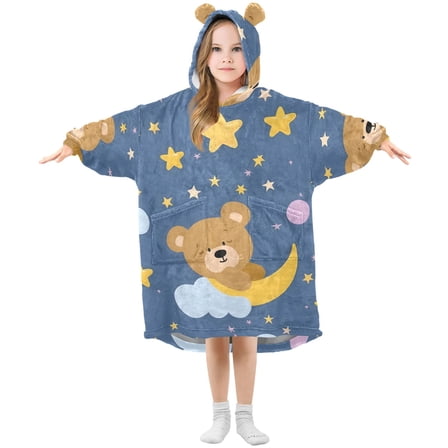 Moon Stars Clouds Bears Flannel Wearable Blankets Hooded Design Long Sleeves Wrap Unisex for 3T-14Y S
