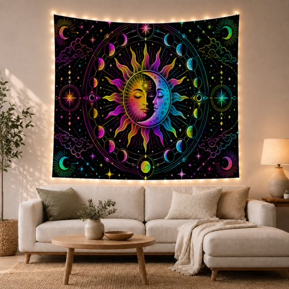 Moon Stars Combined with Face Closed Eyes Split, Mystical Fantasy for Space Lovers, Galaxy Room Decor, Housewarming Gift, Tapestry Wall Hanging for Bedroom and Dorm