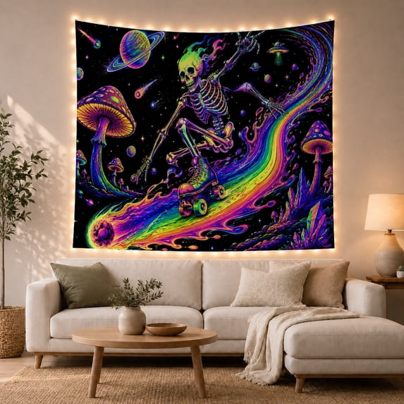 Moon Stars Cosmic with Filled Tiny Skeletal Figure, Spooky Gothic for Gothic Decor Fans, Dark Art Decor, Halloween Gift, Tapestry Wall Hanging for Bedroom and Dorm