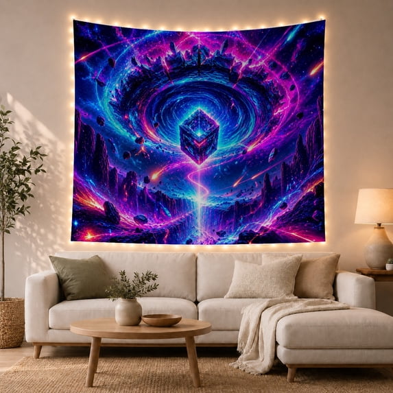 Moon Stars Cosmic with Glowing Translucent Geometric Cube, Mystical Fantasy for Space Lovers, Galaxy Room Decor, Graduation Gift, Tapestry Wall Hanging for Bedroom and Dorm