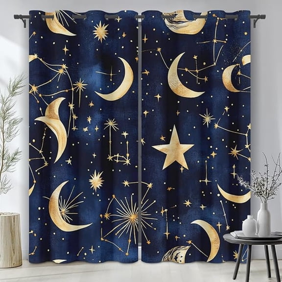 Moon Stars Curtains, Constellation Blackout Curtains for Bedroom Living Room, Boho Moon Phase Drapes Grommet Thermal Insulated Window Decor 42"W x 96"L (Pack of 2)