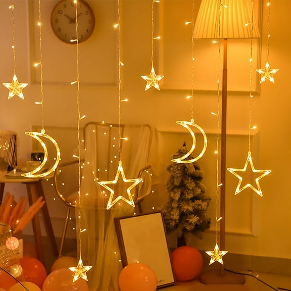 Moon and Stars Decor Curtain Lights, 11.5ft String Lights for Bedroom, Christmas, Ramadan Decor, Connectable LED Fairy Twinkle Light,Indoor Patio, Front Porch, Camping, Guest Room Decoration