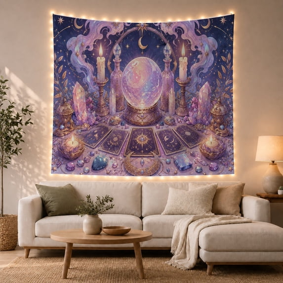 Moon Stars Divination with Luminous Crystal Ball Resting, Mystical Fantasy for Space Lovers, Galaxy Room Decor, Mother'S Day Gift, Tapestry Wall Hanging for Bedroom and Dorm
