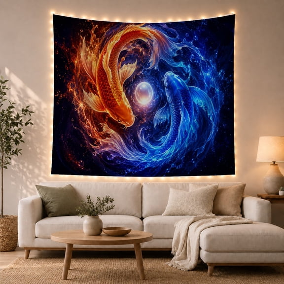 Moon Stars Dynamic with Circular Around Fish Swimming, Mystical Fantasy for Space Lovers, Galaxy Room Decor, Housewarming Gift, Tapestry Wall Hanging for Bedroom and Dorm