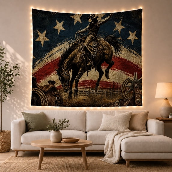 Moon Stars Dynamic with Cowboy Riding Bucking Horse, Mystical Fantasy for Space Lovers, Galaxy Room Decor, Housewarming Gift, Tapestry Wall Hanging for Bedroom and Dorm