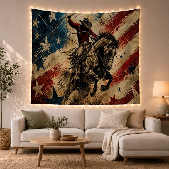 Moon Stars Dynamic with Cowboy Riding Powerful Bucking, Mystical Fantasy for Space Lovers, Galaxy Room Decor, Housewarming Gift, Tapestry Wall Hanging for Bedroom and Dorm