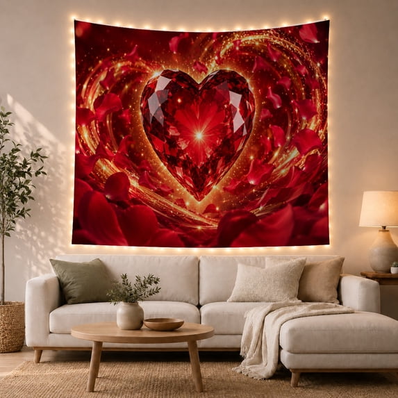 Red Heart Gemstone and Roses Tapestry Wall Hanging