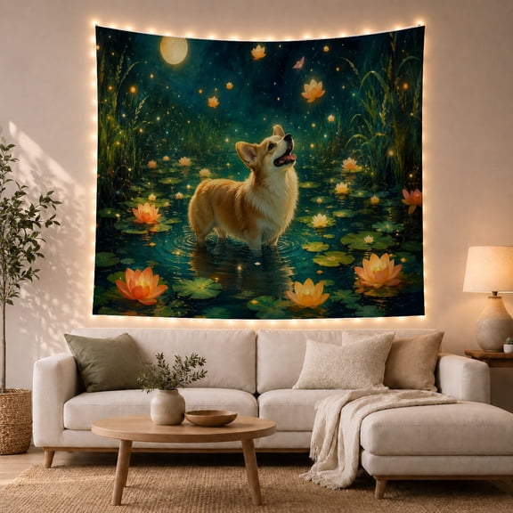 Moon Stars Fluffy with Corgi Standing Shallow Rippling, Mystical Fantasy for Space Lovers, Galaxy Room Decor, Mother'S Day Gift, Tapestry Wall Hanging for Bedroom and Dorm