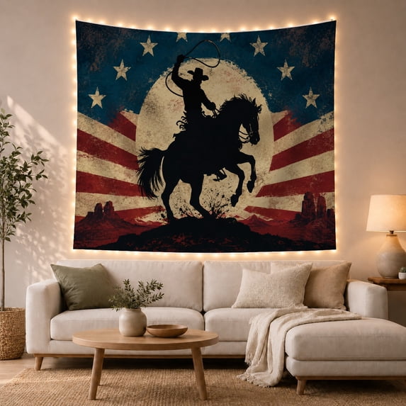 Moon Stars Full with Silhouette Cowboy Brimmed Mounted, Mystical Fantasy for Space Lovers, Galaxy Room Decor, Housewarming Gift, Tapestry Wall Hanging for Bedroom and Dorm