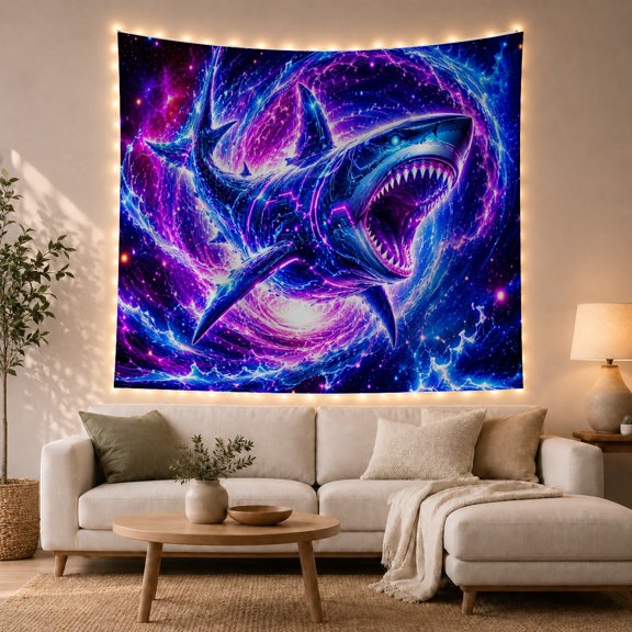 Moon Stars Futuristic with Cybernetic Shark Sleek Metallic, Mystical Fantasy for Space Lovers, Galaxy Room Decor, Graduation Gift, Tapestry Wall Hanging for Bedroom and Dorm