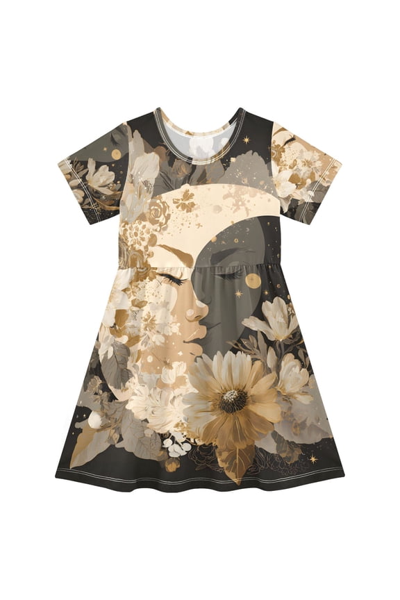 Moon Stars Girls Short Sleeve Dress A Line Sun Protection Breathable Comfort Sundress 3T