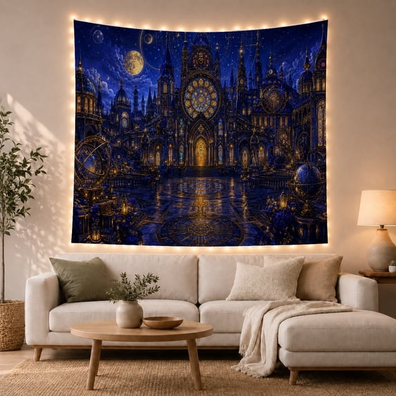 Moon Stars Grand with Castle Structure Tall Spires, Spooky Gothic for Gothic Decor Fans, Dark Art Decor, Halloween Gift, Tapestry Wall Hanging for Bedroom and Dorm