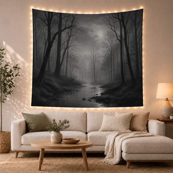Moon Stars Grayscale with Moonlit Forest Night Calm, Mystical Fantasy for Space Lovers, Galaxy Room Decor, Mother'S Day Gift, Tapestry Wall Hanging for Bedroom and Dorm