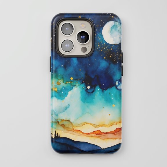 Moon Stars Landscape For All iPhone Series Protective Phone Case Watercolor Blue Gold