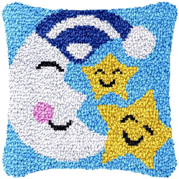 Moon & Stars Latch Hook Kits Pillow Cover DIY Rug Making Crochet Hook Cushion Making Kits with Preprinted Pattern Canvas DIY Needlework Crochet Kits Sofa Decor 43x43cm