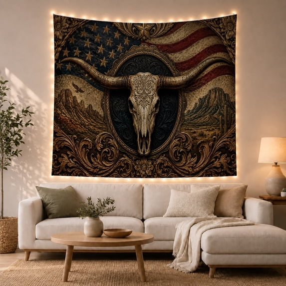 Moon Stars Longhorn with Skull Swirling Filigree Patterns, Spooky Gothic for Gothic Decor Fans, Dark Art Decor, Halloween Gift, Tapestry Wall Hanging for Bedroom and Dorm