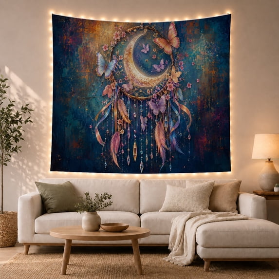 Moon Stars Luminous with Crescent as, Mystical Fantasy for Space Lovers, Galaxy Room Decor Room Accent, Housewarming Gift, Tapestry Wall Hanging for Bedroom and Dorm