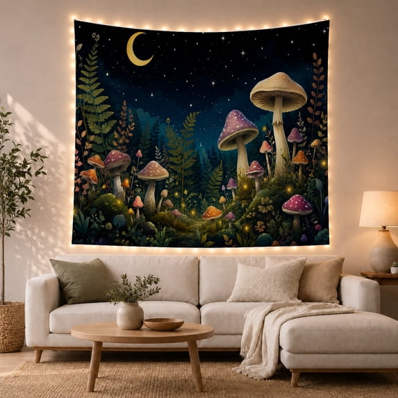 Mushrooms in a Starry Forest Tapestry Wall Hanging