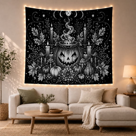 Moon Stars Monochromatic with Detailed Jack Lantern Carved, Mystical Fantasy for Space Lovers, Galaxy Room Decor, Halloween Gift, Tapestry Wall Hanging for Bedroom and Dorm