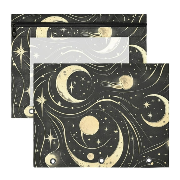 Moon Stars Movement 3-Ring Binder Pouches A4 Size Zipper Pocket File Storage 2 Packs