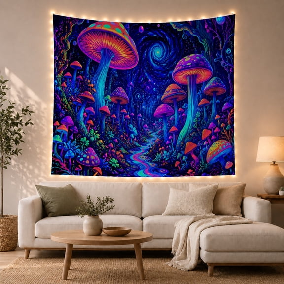 Moon Stars Mushroom with Forest Towering Mushrooms Broad, Mystical Fantasy for Space Lovers, Galaxy Room Decor, Housewarming Gift, Tapestry Wall Hanging for Bedroom and Dorm