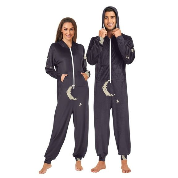 Moon Stars Night Adult onesie Pajamas, Crystal Velvet Ultra Soft Warm Jumpsuit for Men and Women