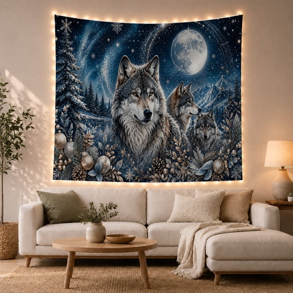 Moon Stars Night with Dominated Wolves Full Wolf, Mystical Fantasy for Space Lovers, Galaxy Room Decor, Christmas Gift, Tapestry Wall Hanging for Bedroom and Dorm