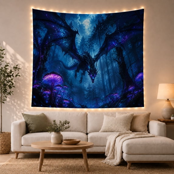 Moon Stars Nighttime with Forest Formidable Dragon Expansive, Mystical Fantasy for Space Lovers, Galaxy Room Decor, Halloween Gift, Tapestry Wall Hanging for Bedroom and Dorm