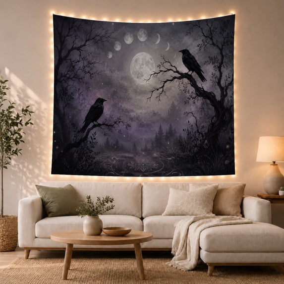 Moon Stars Nocturnal with Dominated Ravens Perched Gnarled, Spooky Gothic for Gothic Decor Fans, Dark Art Decor, Halloween Gift, Tapestry Wall Hanging for Bedroom and Dorm