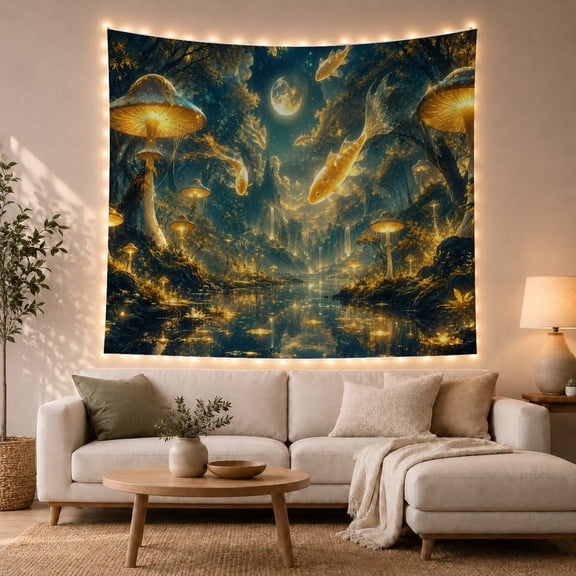 Moon Stars Nocturnal with Forest Where Calm River, Mystical Fantasy for Space Lovers, Galaxy Room Decor, Housewarming Gift, Tapestry Wall Hanging for Bedroom and Dorm