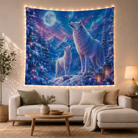 Moon Stars Nocturnal with Forest Dominated Howling Wolves, Mystical Fantasy for Space Lovers, Galaxy Room Decor, Christmas Gift, Tapestry Wall Hanging for Bedroom and Dorm