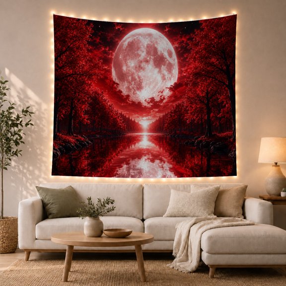 Moon Stars Nocturnal with Forest Dominated Luminous Full, Mystical Fantasy for Space Lovers, Galaxy Room Decor, Housewarming Gift, Tapestry Wall Hanging for Bedroom and Dorm