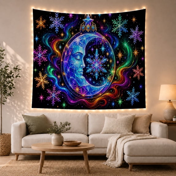 Moon Stars Ornament with Translucent Crescent Depicted Human, Mystical Fantasy for Space Lovers, Galaxy Room Decor, Christmas Gift, Tapestry Wall Hanging for Bedroom and Dorm