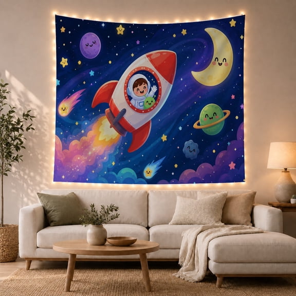 Moon Stars Outer with Space Rocket Ship Angled, Mystical Fantasy for Space Lovers, Galaxy Room Decor, Graduation Gift, Tapestry Wall Hanging for Bedroom and Dorm