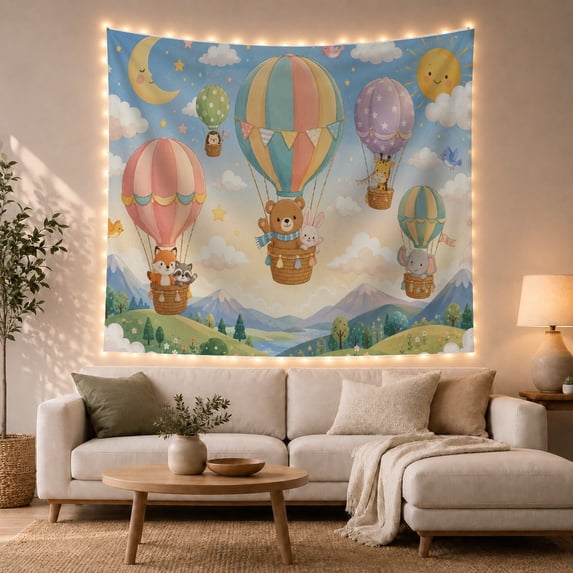 Moon Stars Pastoral with Balloons Each Carrying Anthropomorphic, Mystical Fantasy for Space Lovers, Galaxy Room Decor, Easter Gift, Tapestry Wall Hanging for Bedroom and Dorm
