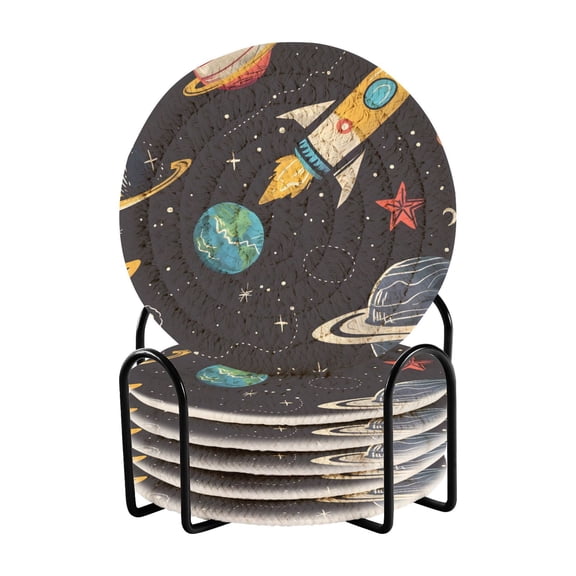 Moon Stars Planets Galaxy Drinking Coasters Cup Mat with Holder for Kitchen Cafe Bar 6 Packs