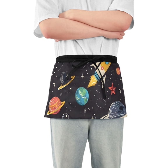 Moon Stars Planets Galaxy Short Server Apron with 3 Pockets for Unisex Chef Gardening