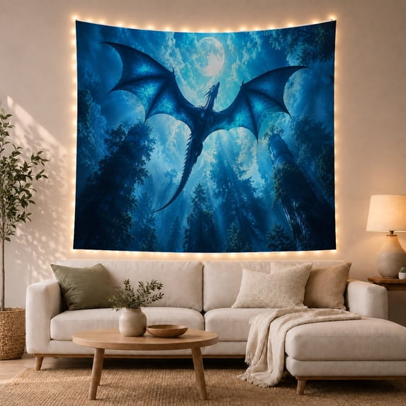 Moon Stars Powerful with Dragon Flight Soaring Upward, Mystical Fantasy for Space Lovers, Galaxy Room Decor, Housewarming Gift, Tapestry Wall Hanging for Bedroom and Dorm