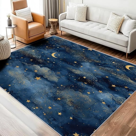 Moon and Stars Rug, Washable Rug for Living Room, Starry Sky Celestial Patterned Indoor Carpet, Moon and Stars Decor for Home, Bedroom, Soft Non Slip Thin Design 5 x 8ft