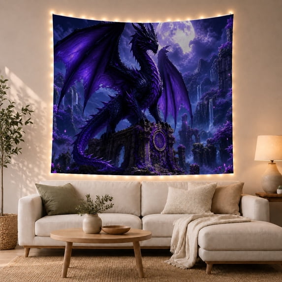 Moon Stars Scale with Powerful Dragon Perched Atop, Mystical Fantasy for Space Lovers, Galaxy Room Decor, Thanksgiving Hostess Gift, Tapestry Wall Hanging for Bedroom and Dorm