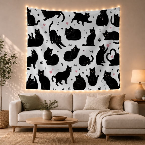 Moon Stars Scattered with Cats Depicted Variety Poses, Playful Illustration for Cat Lovers, Animal Wall Decor, Valentine'S Day Gift, Tapestry Wall Hanging for Bedroom and Dorm
