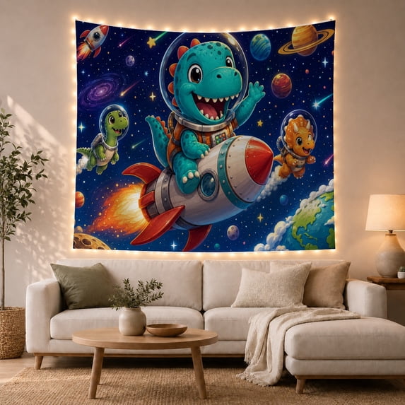 Moon Stars Space with Dinosaurs Dinosaur Accents Head, Mystical Fantasy for Space Lovers, Galaxy Room Decor, Graduation Gift, Tapestry Wall Hanging for Bedroom and Dorm