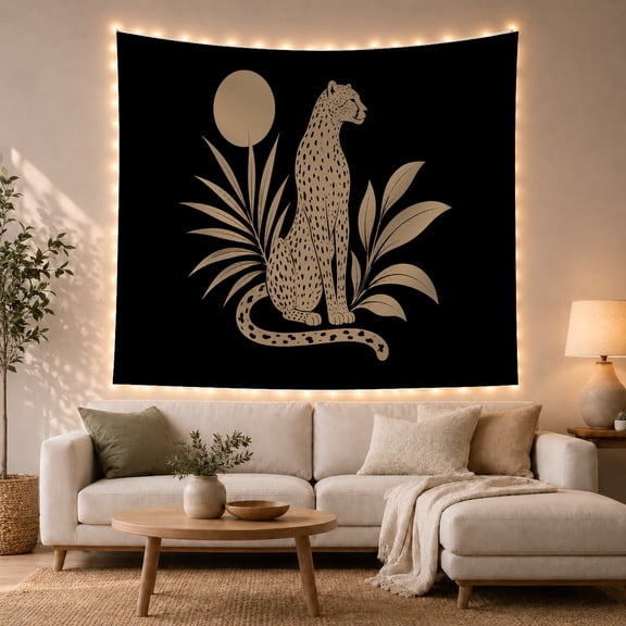 Moon Stars Spotted with Resembling Cheetah Leopard Sitting, Playful Illustration for Cat Lovers, Animal Wall Decor, Mother'S Day Gift, Tapestry Wall Hanging for Bedroom and Dorm
