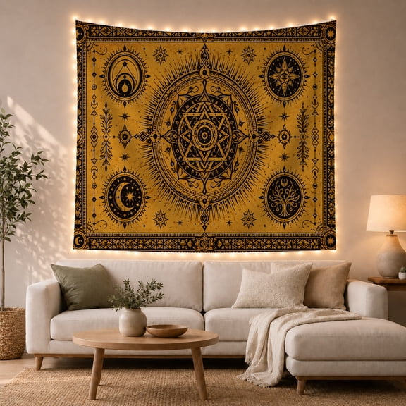 Moon Stars Square with Circular Mandala Textured Distressed, Mystical Fantasy for Space Lovers, Galaxy Room Decor, Mother'S Day Gift, Tapestry Wall Hanging for Bedroom and Dorm