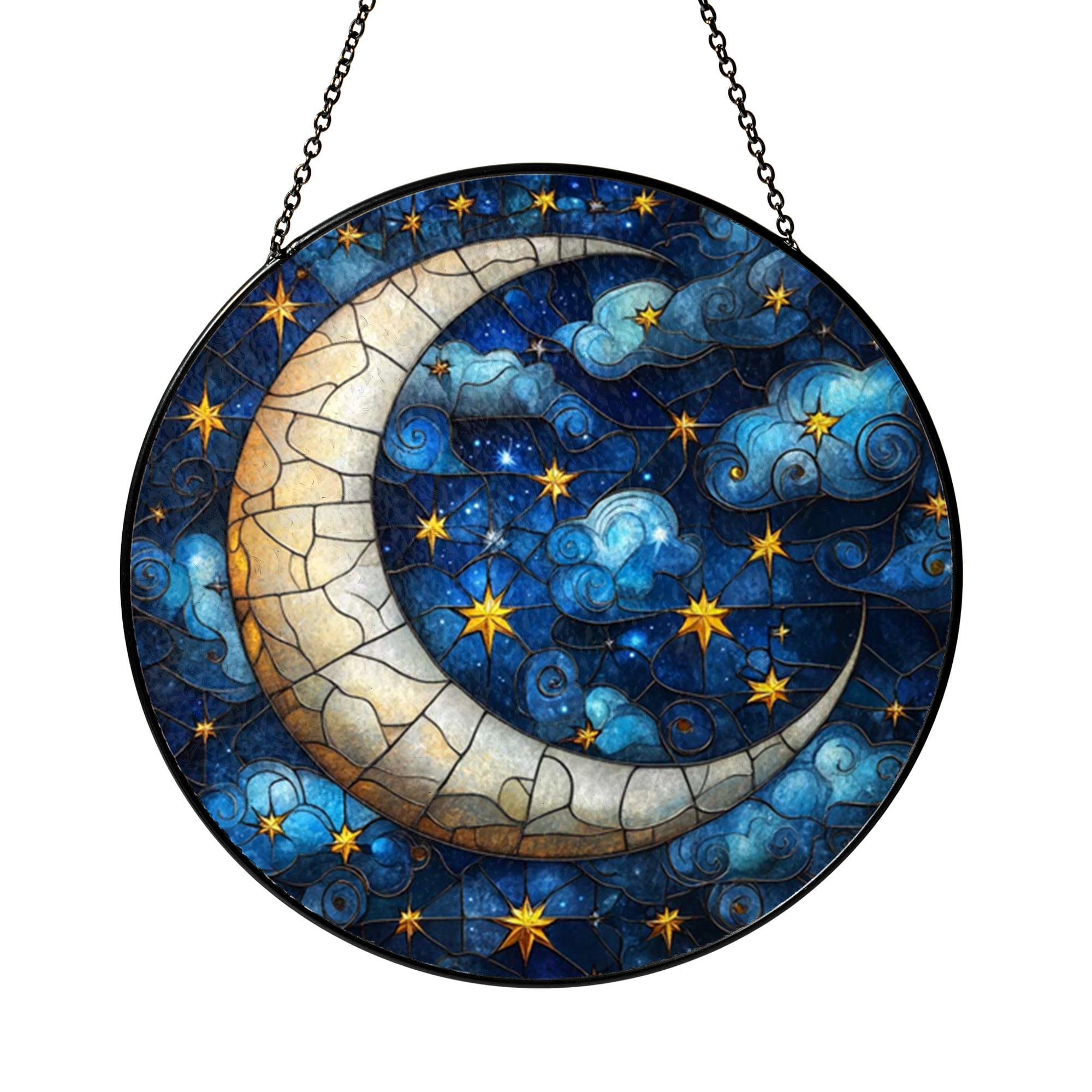 Moon Stars Stained Glass Hanging Celestial Night Sky Scene Window Decor ...