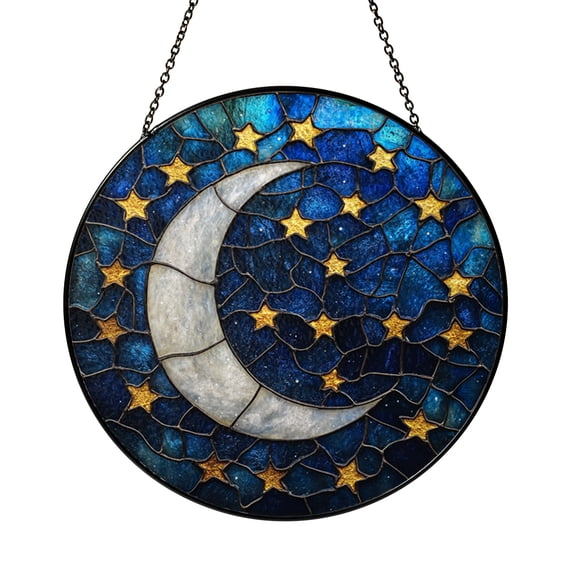 Moon and Stars Stained Glass Suncatcher Window Hanging, Celestial Decorative Glass Art Panel with Night Sky and Clouds, Round Sun Catcher Window Decor Ornament Gift Idea for Dreamers