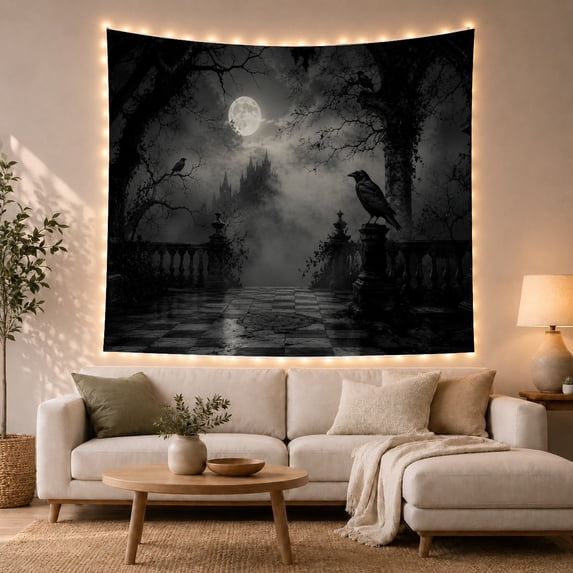 Moon Stars Stone with Terrace Cloudy Night Right, Spooky Gothic for Gothic Decor Fans, Dark Art Decor, Halloween Gift, Tapestry Wall Hanging for Bedroom and Dorm